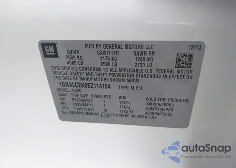 2014 Chevrolet Equinox 2Lt из США, поврежденный, VIN 1GNALCEK8EZ114104